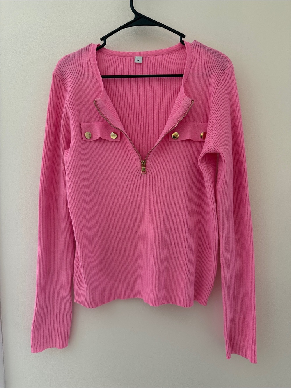 Pink Ribbed Half-Zip Sweater with Gold Accent Buttons